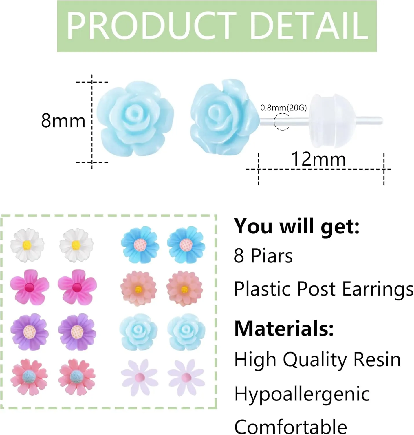 Plastic Earrings for Sensitive Ears - Girls & Women's Flower Stud Post Earrings