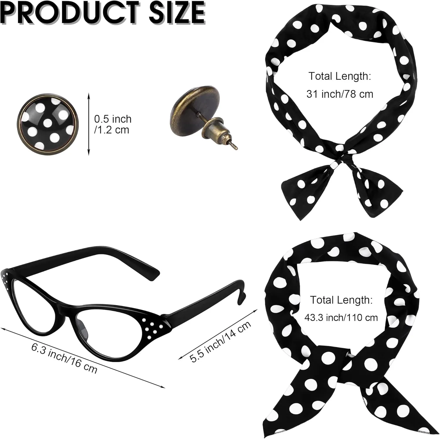 SOMSOC 5 Pieces 1950s Women Pink Satin Jacket with Polka Dot Scarf Headband Earrings Eye Glasses Halloween Party Costume Set