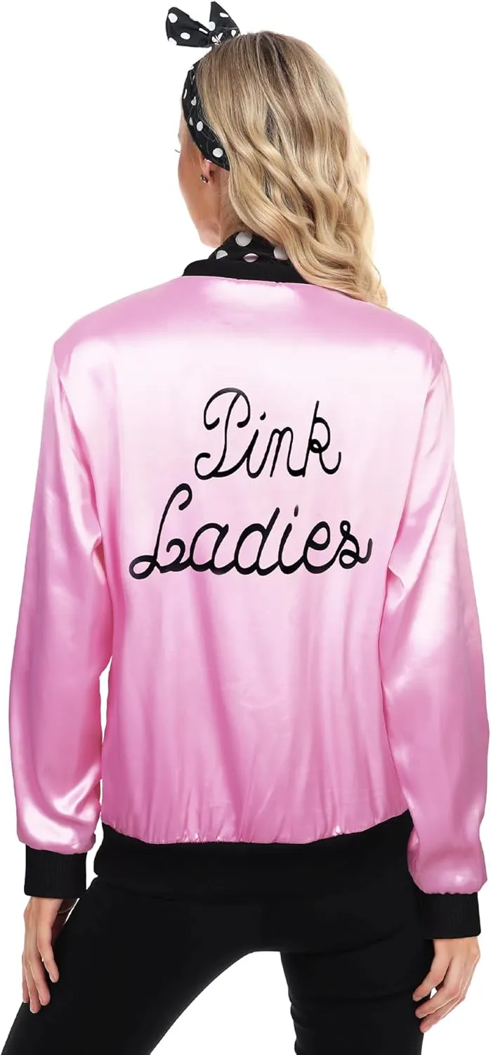 SOMSOC 5 Pieces 1950s Women Pink Satin Jacket with Polka Dot Scarf Headband Earrings Eye Glasses Halloween Party Costume Set