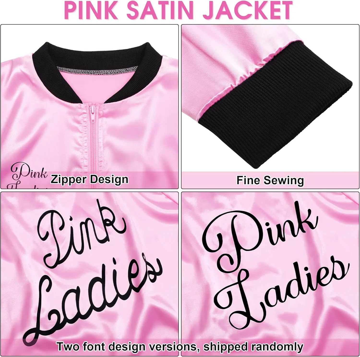 SOMSOC 5 Pieces 1950s Women Pink Satin Jacket with Polka Dot Scarf Headband Earrings Eye Glasses Halloween Party Costume Set