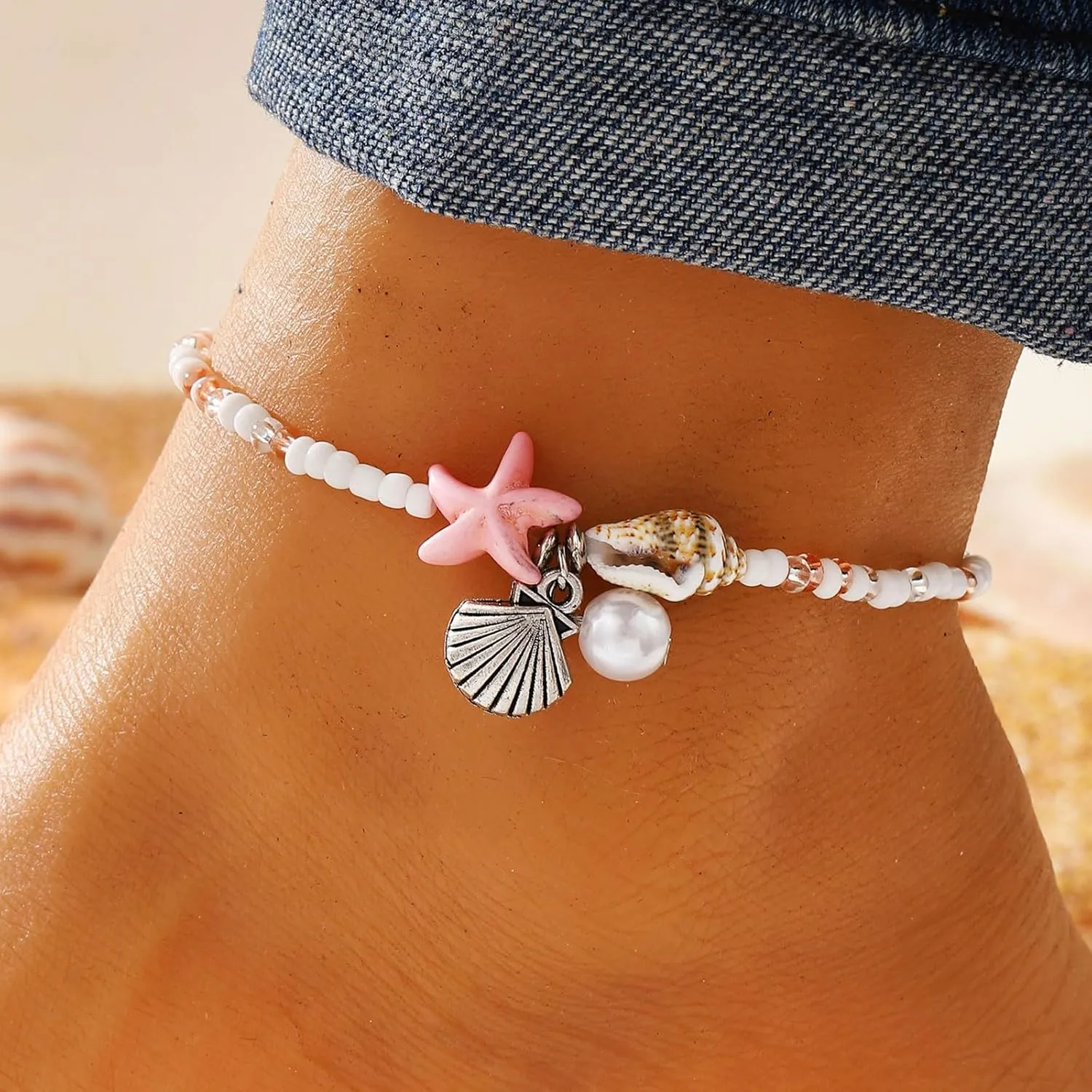 Starfish Beach Anklets for Women Adjustable Boho Conch Pearl Anklets Summer Beach Party Jewelry