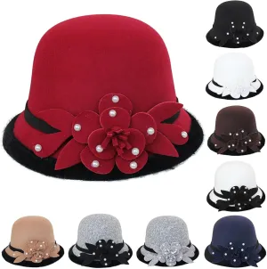 Women Bowler Fedora Hat with Rolled Brim 1920s Classic Wool Hats for Man Woman Halloween Prop (WH2, One Size)
