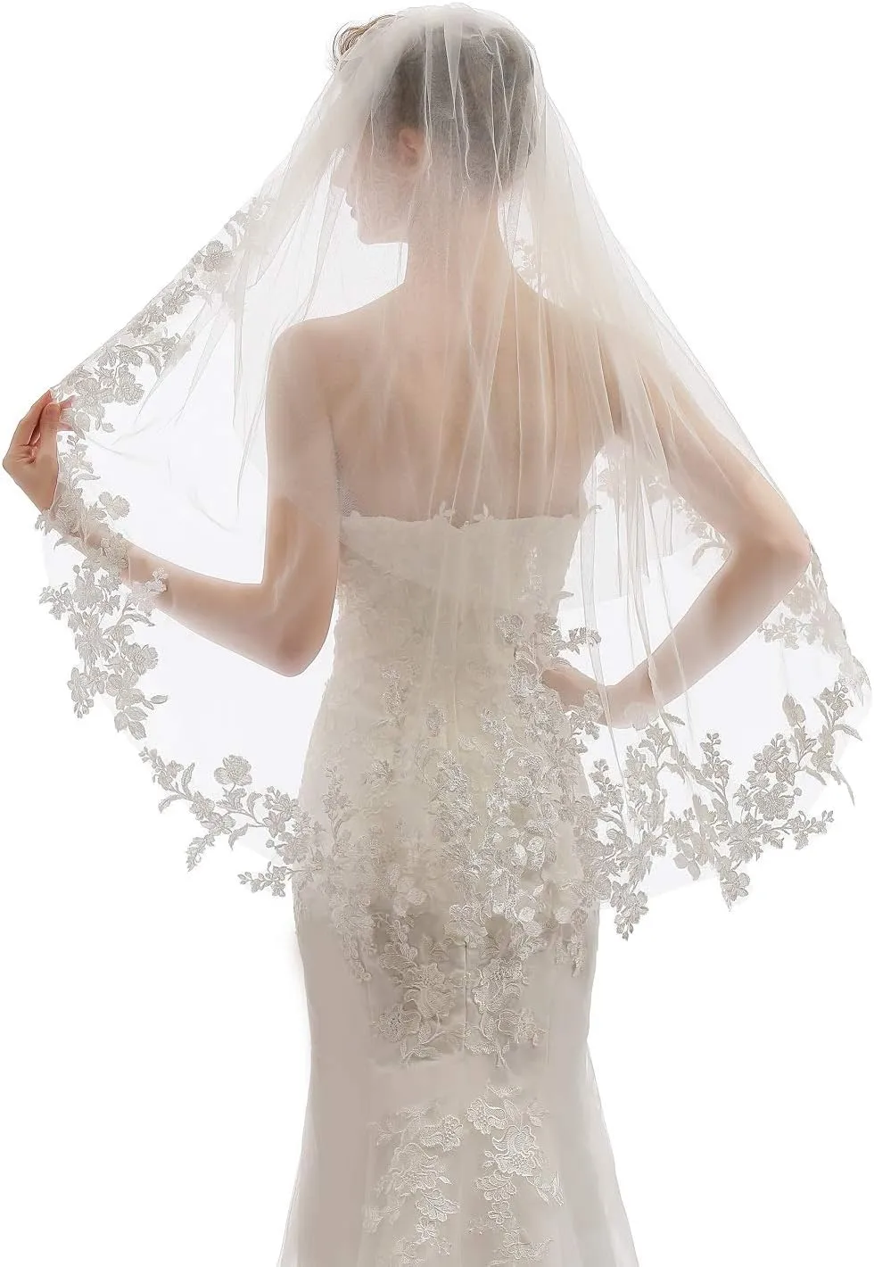 Womens 2 Tier Fingertip Length Short Lace Wedding Bridal Veil With Comb X07