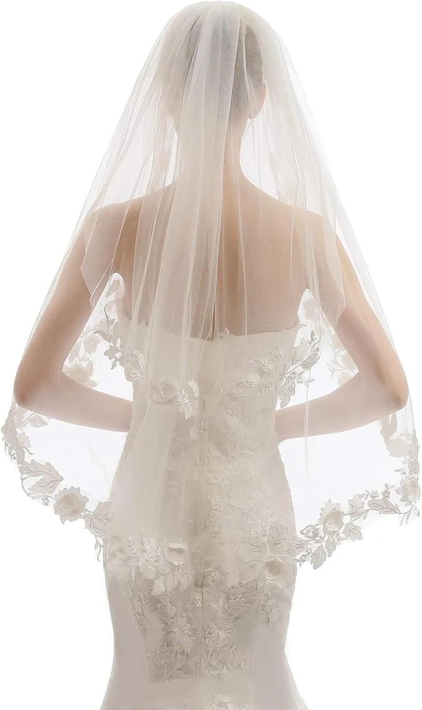Womens 2 Tier Fingertip Length Short Lace Wedding Bridal Veil With Comb X07