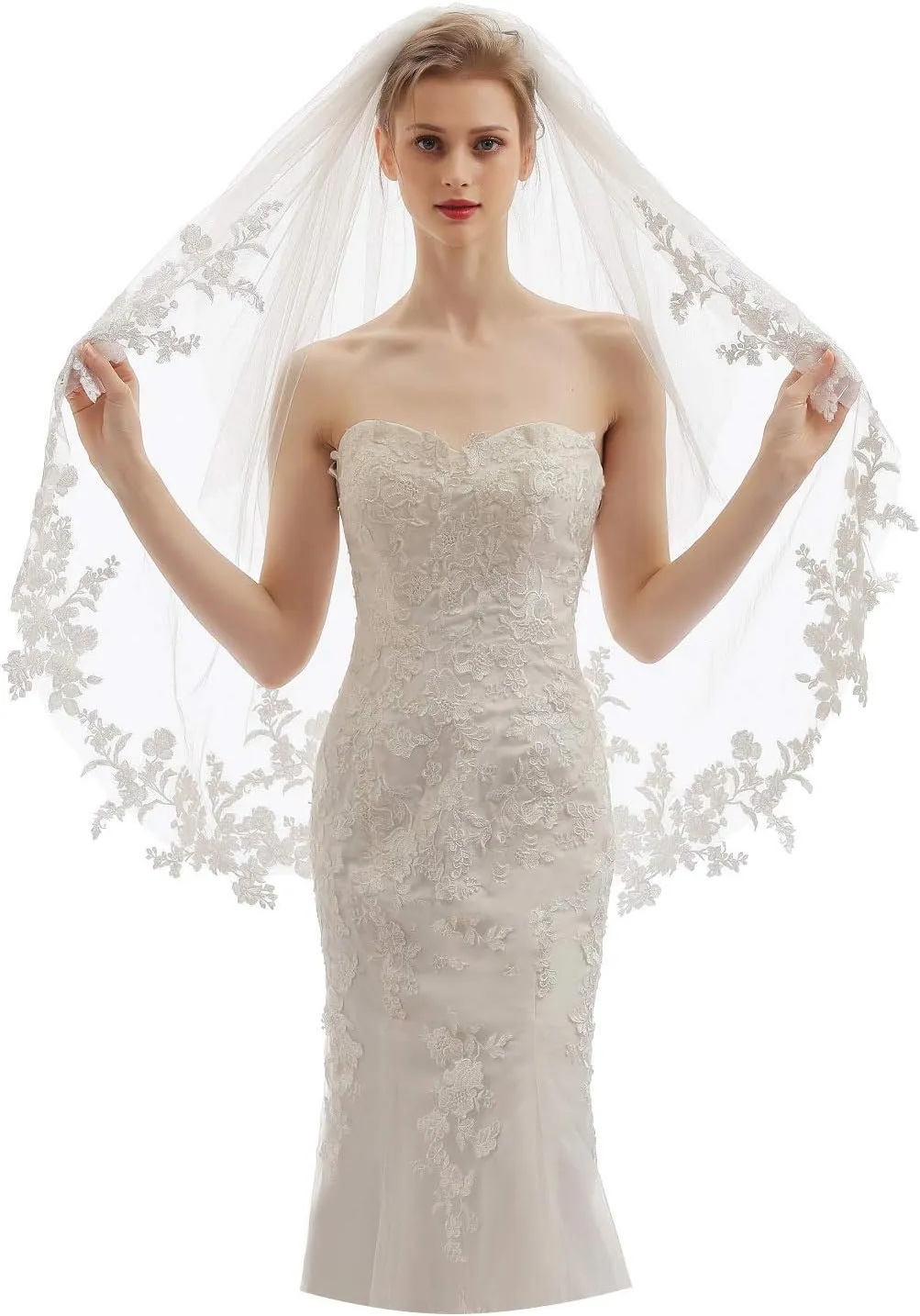 Womens 2 Tier Fingertip Length Short Lace Wedding Bridal Veil With Comb X07