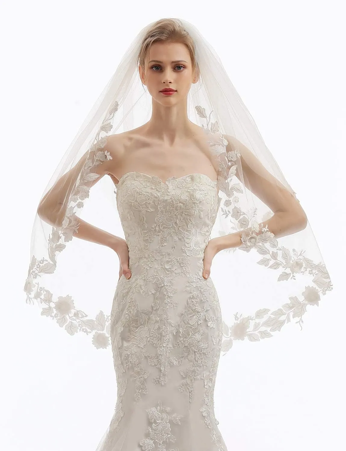 Womens 2 Tier Fingertip Length Short Lace Wedding Bridal Veil With Comb X07