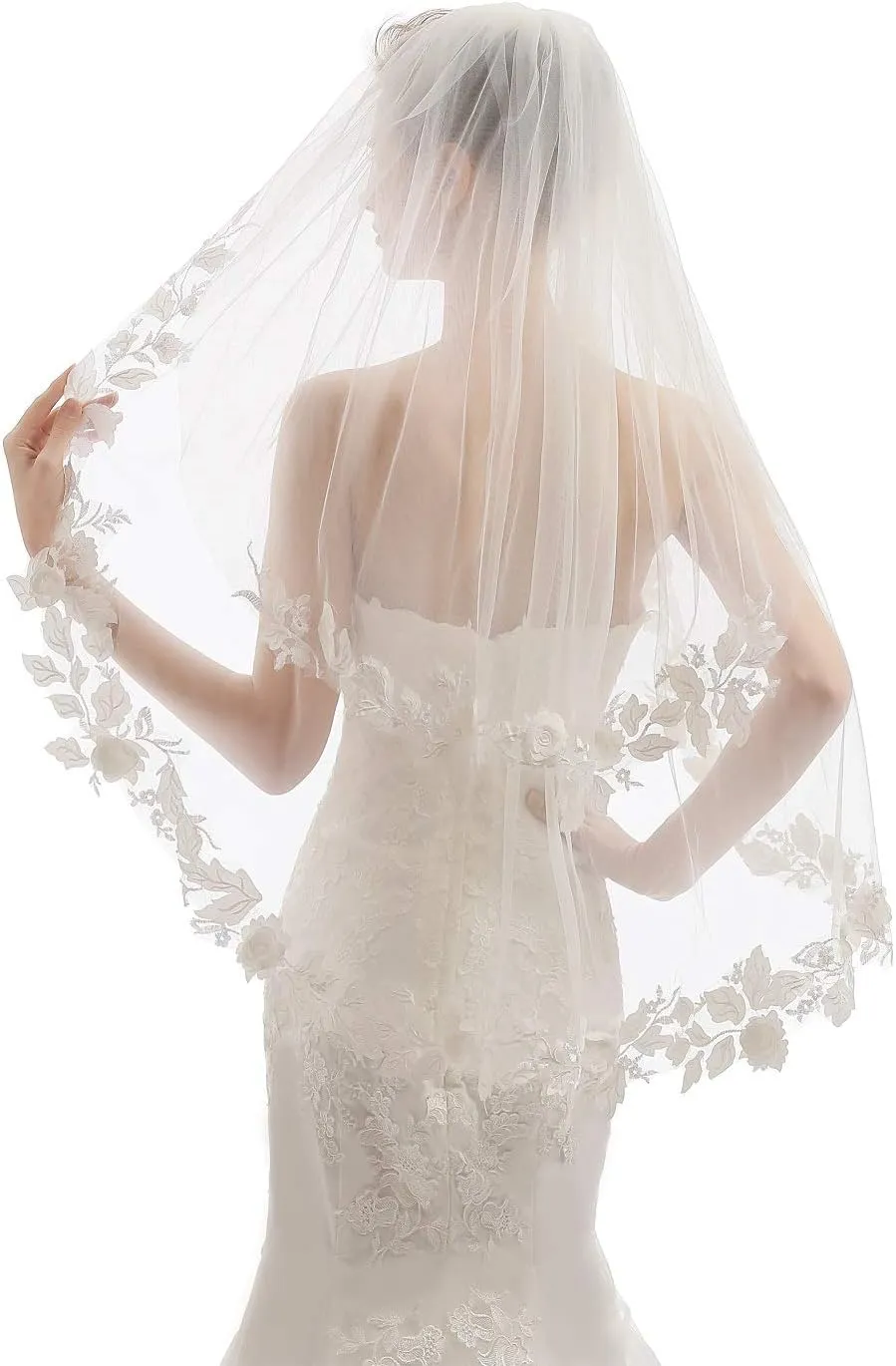 Womens 2 Tier Fingertip Length Short Lace Wedding Bridal Veil With Comb X07