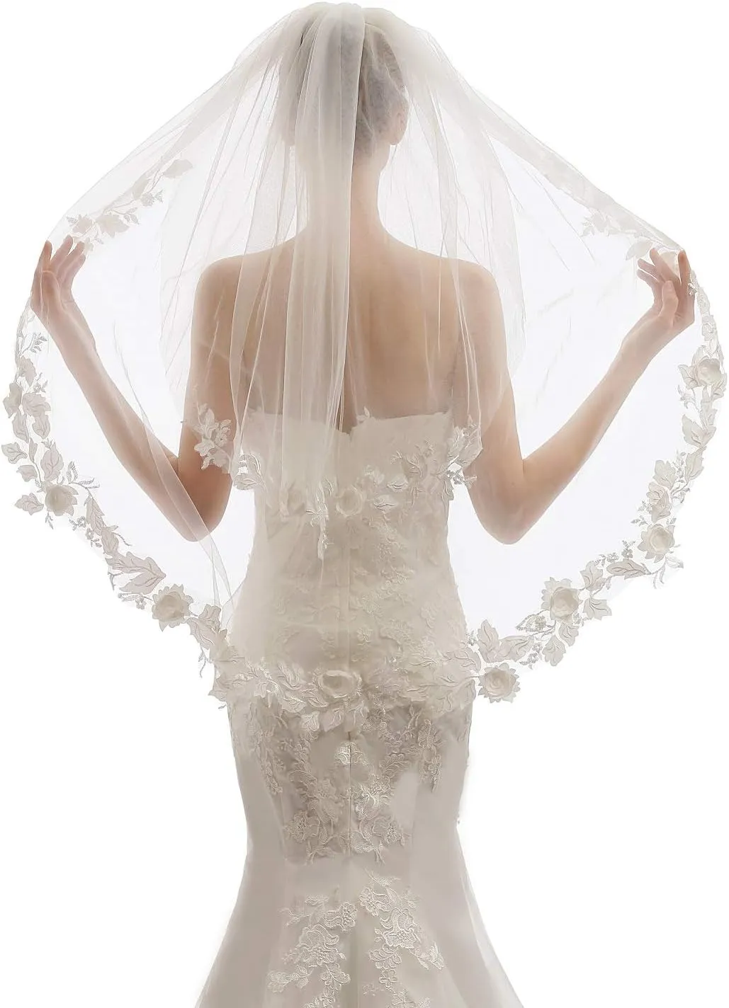 Womens 2 Tier Fingertip Length Short Lace Wedding Bridal Veil With Comb X07