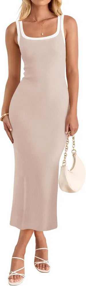 ZESICA Women's 2025 Summer Bodycon Midi Dress Casual Sleeveless Square Neck Side Slit Knit Vacation Long Dresses